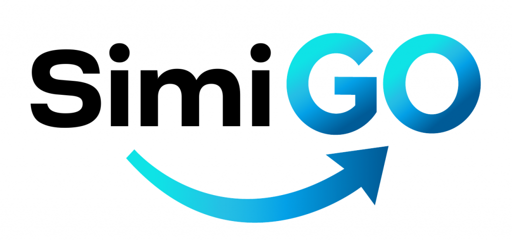 Logo mới SimiGO: chữ Simi màu đen, GO chuyển sắc xanh, mũi tên cong từ chữ i đến chữ O tạo nụ cười